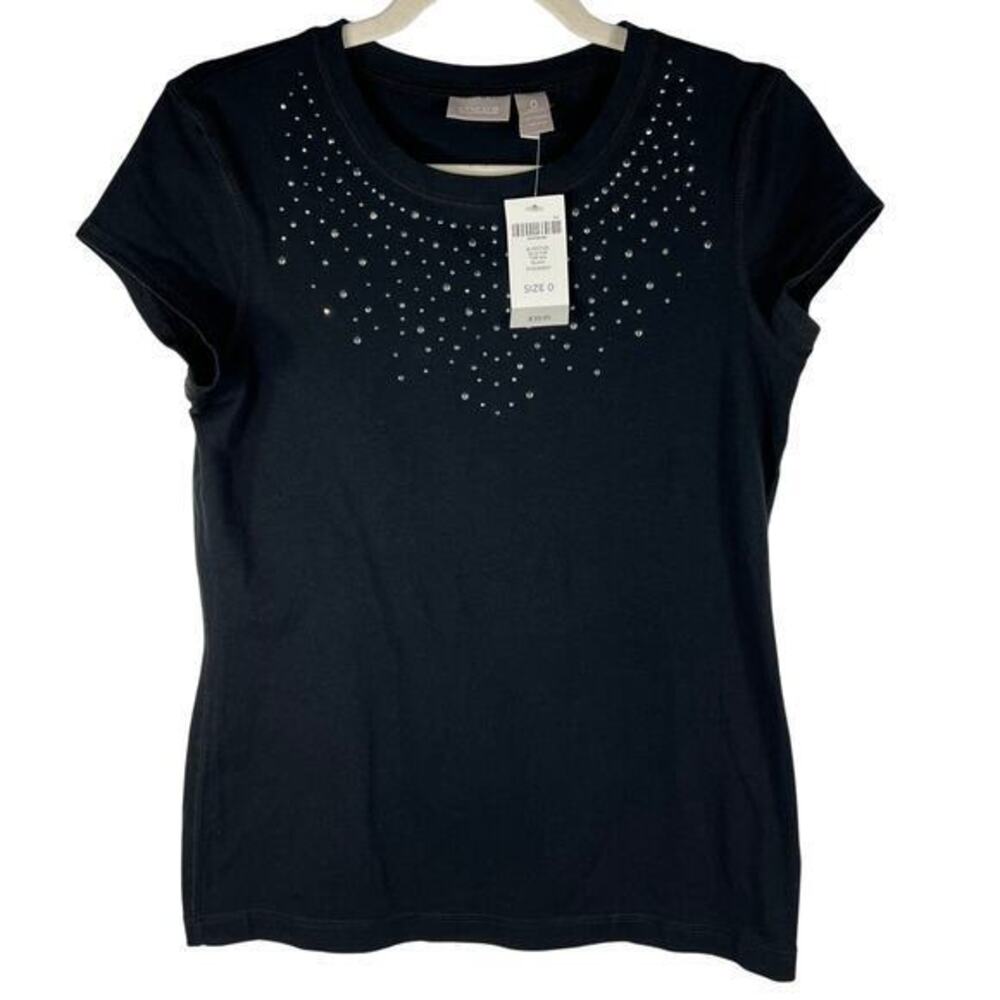 Chico's Silver Studded T-Shirt Size 0/Small Black Cap Sleeve Whimsigoth NEW!
